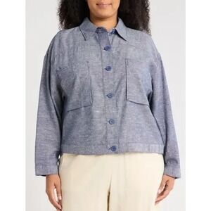 MAX STUDIO Linen Blend Shacket Jacket Plus Size 3X Blue Cropped Coastal Cute NWT